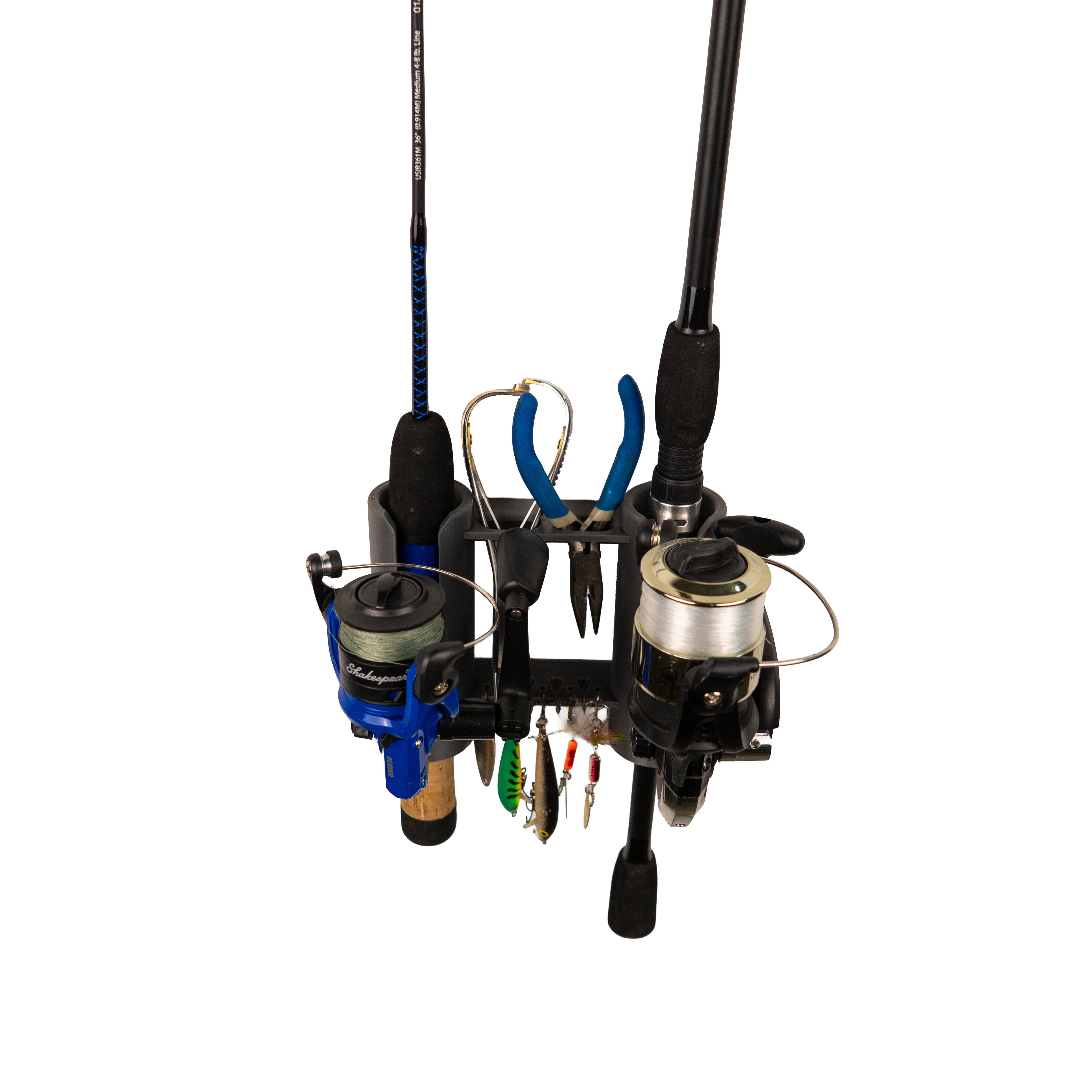 double fishing rod holder Vertical | Wall Mount Pitman Creek Color:Goldfish position ratcheting system Can ProFISHiency Krazy Baitcast Reel