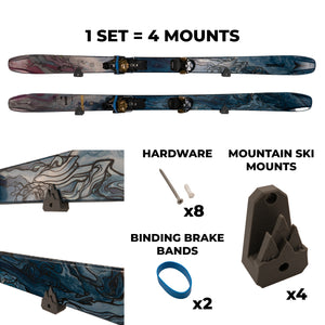 Set of mountain ski mounts with hardware and binding brake bands on a white background