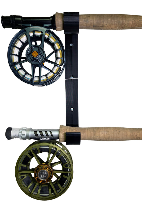 The Fishing Rod Holder Double Wall by Pesca Innovations is perfect for storing and displaying any two of your fishing rods on a wall.