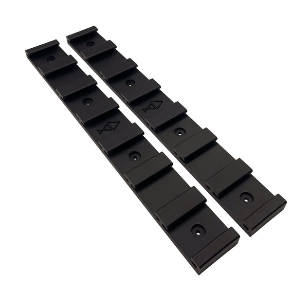 The Modular Rails by Pesca Innovations allow you to store a variety of gear on any wall with the corresponding modular attachments.