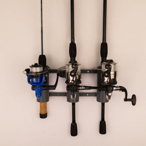 The Vertical Fishing Rod Holder: Triple by Pesca Innovations can store any three fully assembled fishing rods.