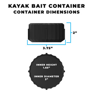 Kayak Bait Container by Pesca Innovations dimension image showing the size of the container which is 2" by 3.75" and "Inner Height 1.65"" and "Inner Diameter 3""