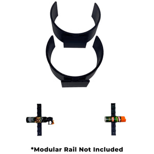 Bottle holder attachment alone and with bottles mounted on a wall. Text reading "Modular Rail Not Included"