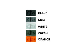 Color swatches labeled Black, Gray, White, Green, and Orange on a white background.