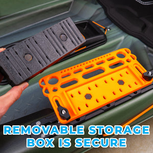 Orange and black removable storage box on a kayak with text 'Removable storage box is secure'.