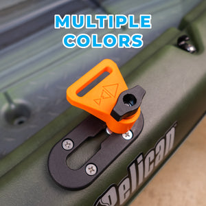 Orange and black tie down on a green Pelican kayak with 'Multiple Colors' text above.
