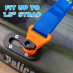 Orange strap buckle with blue strap attached to a green kayak, featuring text 'Fit up to 1.5" strap'.