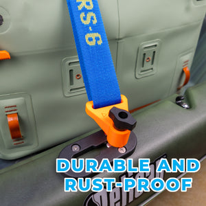 Kayak tie down with blue strap attached to a kayak, with text 'Durable and Rust-Proof'.