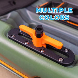 Orange and black cleat on a green kayak with 'Multiple Colors' text above.