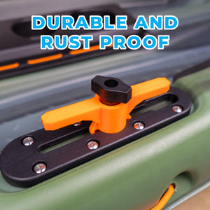 Orange and black tool cleat attached to a green kayak, with text 'Durable and Rust Proof'.