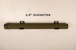 Olive green cylindrical object with '2.5" Diameter' text on a beige background