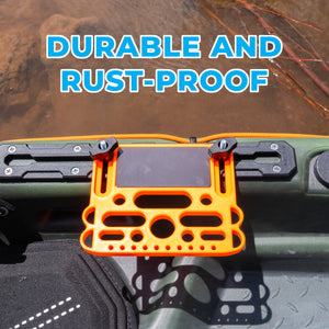 Orange kayak tool holder with magnet pad attached to a kayak, with text 'Durable and Rust-Proof' on a dirty water background.