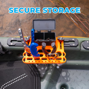 Orange and black mini tool and storage box holder with tools on a kayak's accessory rail, labeled 'Secure Storage'.