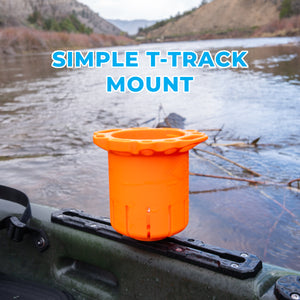 Kayak water bottle holder mounted on a kayak t-track accessory rail.