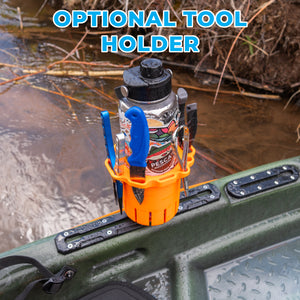 Kayak water bottle holder with an optional tool holder with tools and bottle in holder. 