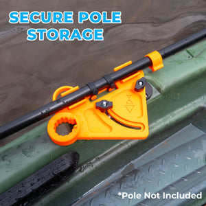 An orange plastic kayak pole storage clip mounted on a green kayak, holding a black pole. Large blue text at the top reads 'SECURE POLE STORAGE,' and white text at the bottom right says '*Pole Not Included'.