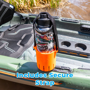 Kayak water bottle holder includes velcro strap for extra security. 