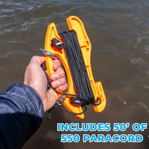 Hand holding a yellow paracord device with text about paracord length over water.