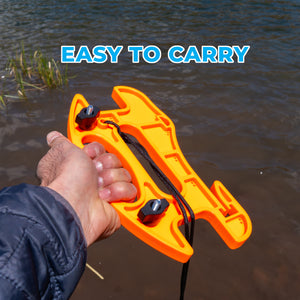 Orange kayak anchor line storage held by a hand with water in the background, labeled 'EASY TO CARRY'.