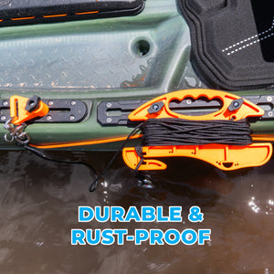 Orange and black kayak anchor line storage on a green kayak with 'Durable & Rust-Proof' text.