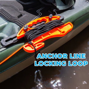 Orange anchor line locking loop on a kayak with water in the background