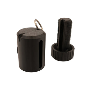 Waste line holder by Pesca Innovations showing both parts in black with a white background.