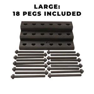 Fly Tying Thread Holder Desk, large version, by Pesca Innovations, with pegs and base separated on a white background with text "LARGE: 18 PEGS INCLUDED"