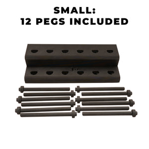 Fly Tying Thread Holder Desk, small version, by Pesca Innovations, with pegs and base separated on a white background with text "SMALL: 12 PEGS INCLUDED"