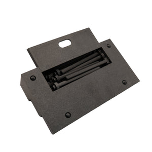 Fly Tying Thread Holder Desk by Pesca Innovations, underside showing rubber feet and open compartment with pegs inside on a white background.