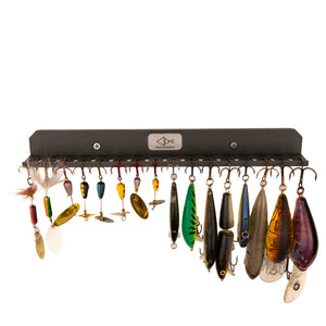 Fishing lure holder by Pesca Innovations front view with different fishing lures on a white background