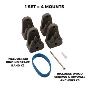 Set of four gray ski mounts with ski binding brake bands, wood screws, and drywall anchors on a white background.