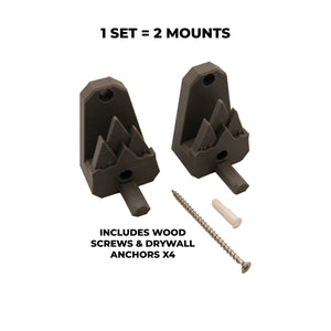 Two wall mounting brackets with screws and drywall anchors on a white background