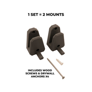Two gray wall mounts with screws and drywall anchors on a white background