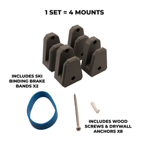Set of four gray mounting brackets with ski binding brake bands, wood screws, and drywall anchors on a white background.