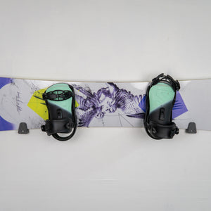Snowboard with bindings on a white background
