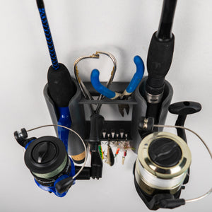 Fishing rod and reel holder with multiple fishing rods, reels, and tools on a white background