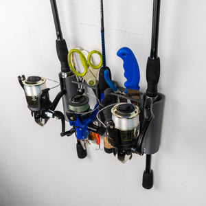 Fishing rod holder with multiple fishing rods and accessories on a white background