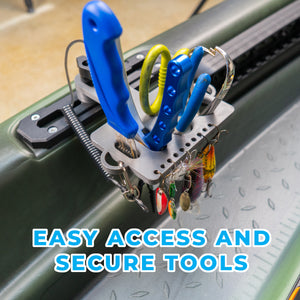 Fishing tool holder with tools attached on a boat deck, featuring text 'Easy Access and Secure Tools'.