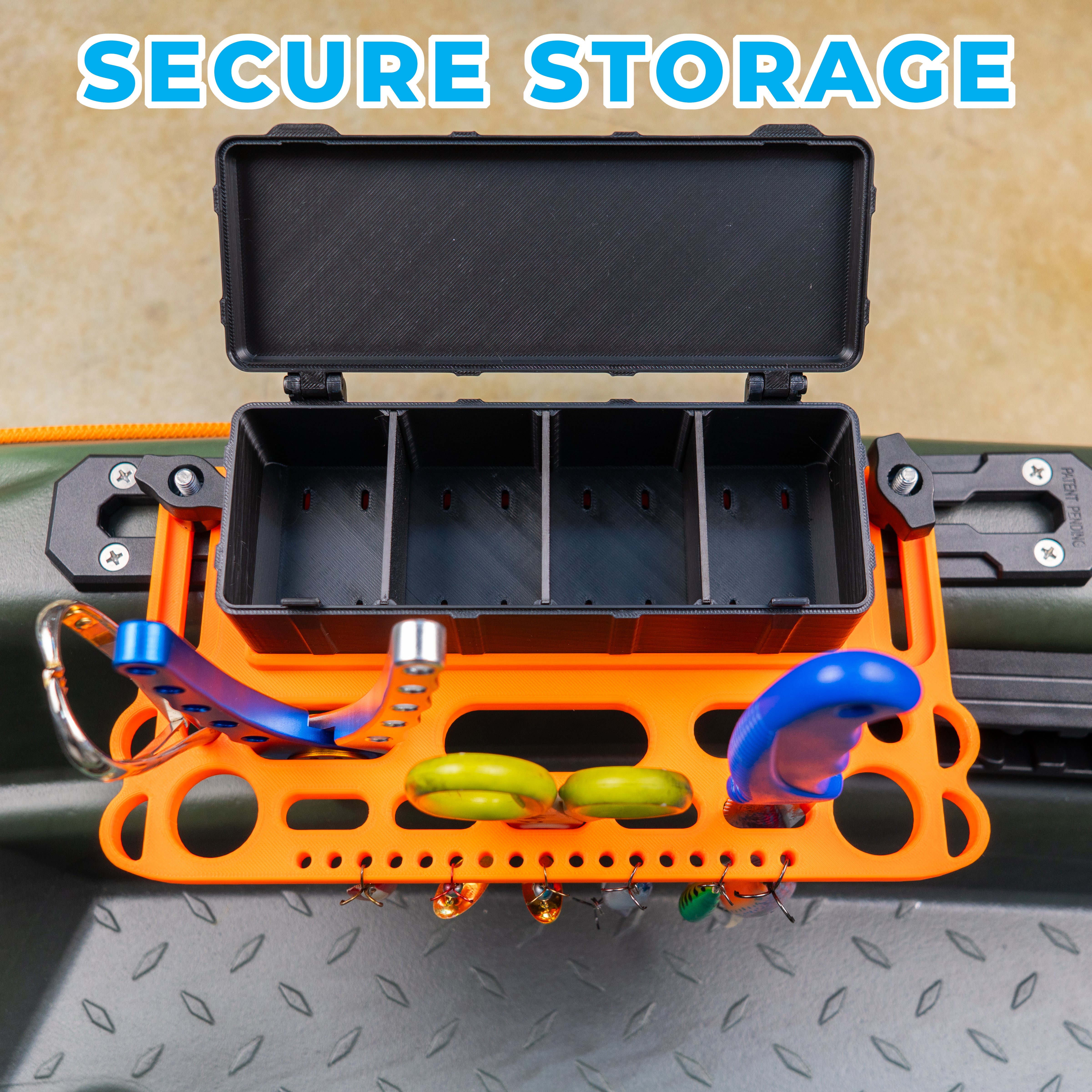 fishing crate rod holder Kayak Rail Mount Tool & Tackle Holder + Removable Box