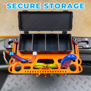 Orange storage case with compartments and tools on a textured surface, labeled 'Secure Storage'.