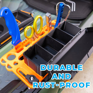 Kayak organizer with tools and compartments on a kayak, with text 'Durable and Rust-Proof'.