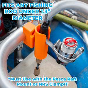 Fishing Rod Holder Raft Mount by Pesca Innovations can fit any fishing rod holder with a handle diameter under 1.3".