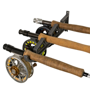Fishing Rod Holder Triple Wall by Pesca Innovations side angle of bracket with fly fishing rods and reels