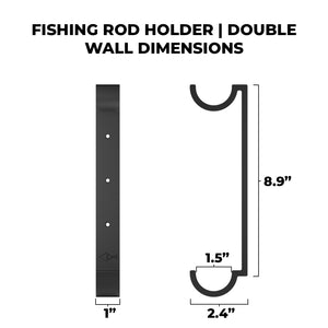 Fishing rod holder double wall dimensions diagram with measurements on a white background