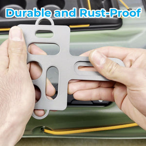 kayak tool holder by hands with text 'Durable and Rust-Proof' above.