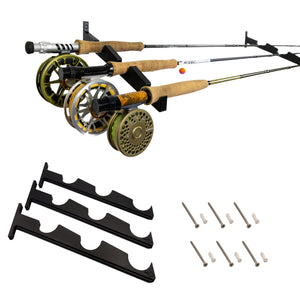 Fishing rods with reels and accessories on a white background