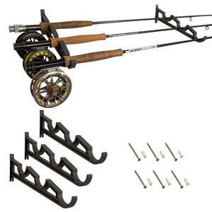 Fishing Rod Holder Triple Wall by Pesca Innovations main image showing three brackets, hardware, and mounted with rods.