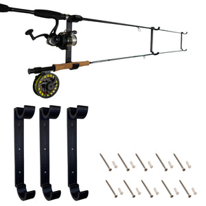 Double wall fishing rod holder and reel set with wall hooks and installation hardware on a white background
