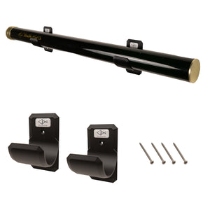 Black metal rod tube with gold accents and wall hooks on a white background