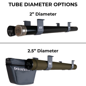 Comparison graphic showing tube diameter options for a fly rod tube holder: a 2-inch diameter black tube at the top and a 2.5-inch diameter olive green tube at the bottom, labeled 'TUBE DIAMETER OPTIONS' on a white background.